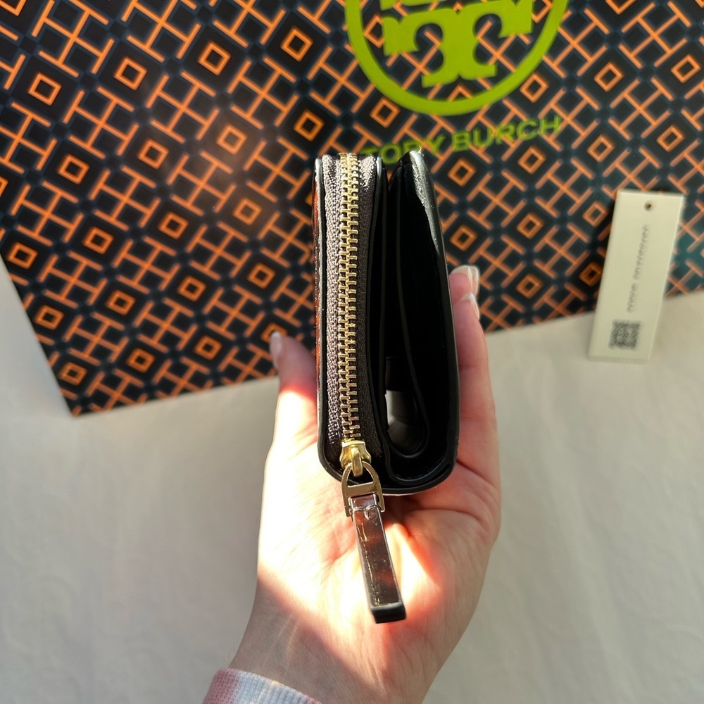 Tory Burch Emerson Tortoise Patent Mini Wallet Gold Brown Tan Neutral - Picture 3 of 10